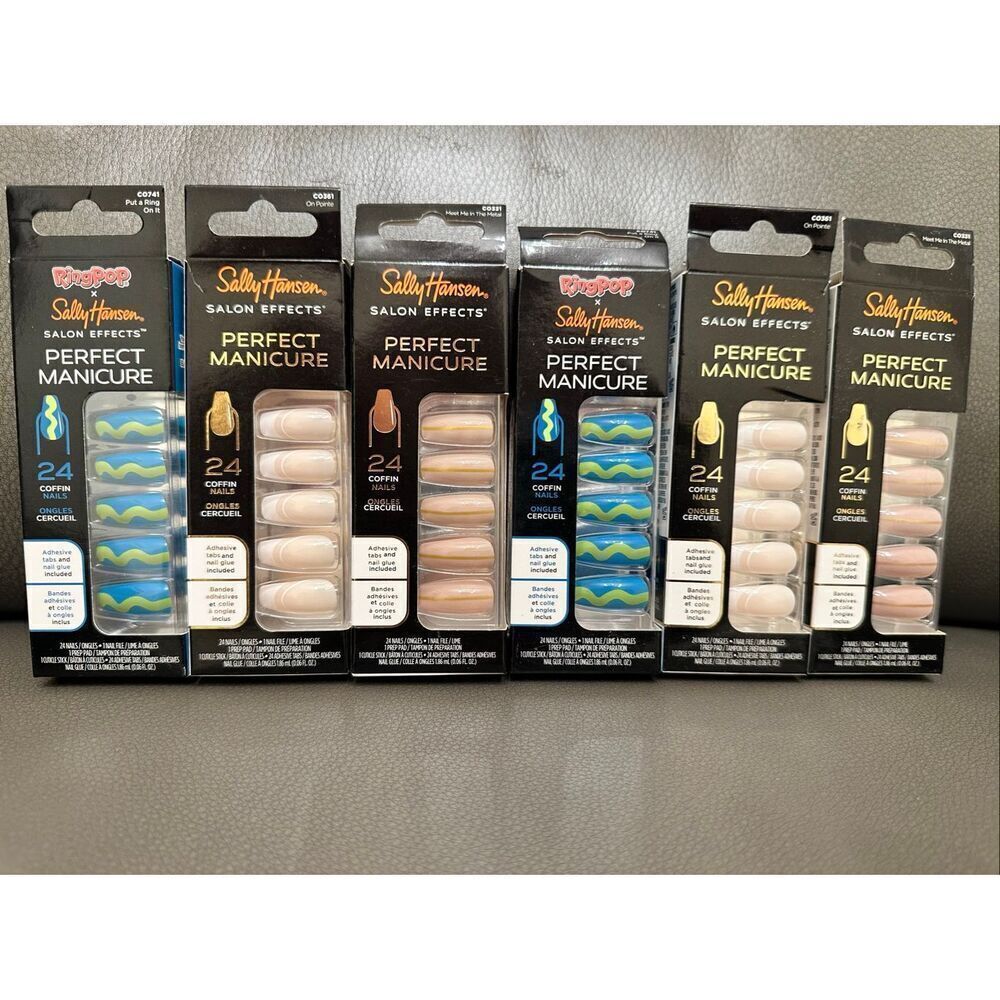 Sally Hansen Ring Pop Green and Blue and French Tip Coffin Shape Nails New